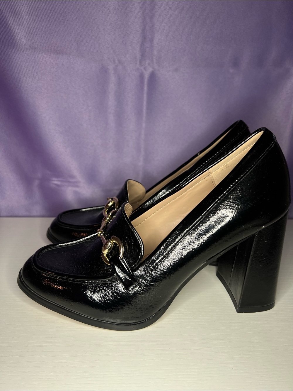 BCBGeneration Black Patent Block Heel Loafer Pumps with Gold Bit